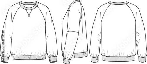 Raglan sleeve crewneck sweatshirt technical drawing, front, back, and side views, V-stitch detail, gathered hem, ribbed cuffs, fashion apparel design vector