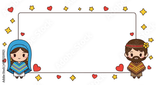 Christmas and Valentine's Day frame. Cartoon couple illustration. Man and woman in blue and brown clothes. Hearts and stars decorations. Vector border template for holiday greeting card or