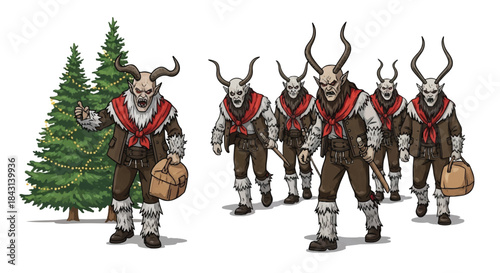 Krampus characters. Christmas mythological creatures. Vector illustration of horned beasts in red and brown outfits. Carrying baskets. Walking near Christmas tree. White background. Holiday