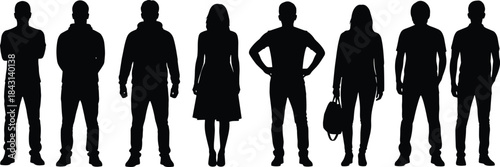 Young adult people full-body silhouettes vector set, diverse group of men and women standing in casual clothes, isolated on white background, black illustration.