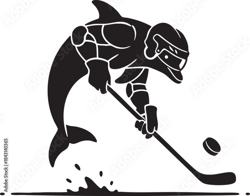 Shark Playing Ice Hockey Silhouette Mascot Illustration