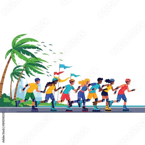 Group of people rollerblading on road. Skaters in casual clothes. Palm trees in background. Vector illustration of active lifestyle. Leisure outdoor activity. Summer fun. Healthy lifestyle.