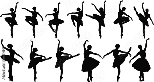 Ballet dancer silhouettes set showing graceful dance poses representing classical ballet, performance art, and movement concept.