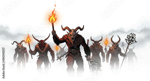 Group of demons with horns. Dark creatures with fire. Fantasy monsters illustration. Mythical beasts with torches. Dark fantasy characters. Horror creatures. Evil beings with flames.