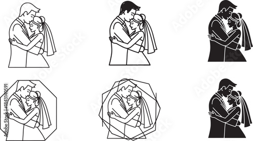 Romantic Wedding Couple Embrace Line Art Icons Set, Bride and Groom Hugging Minimal Vector Illustration