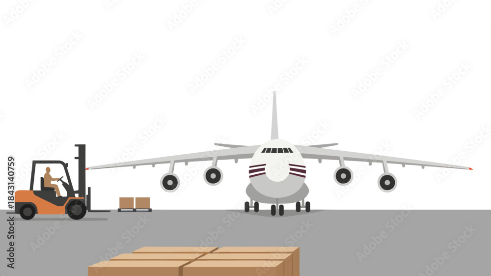 Fototapeta premium Forklift loading cargo onto an airplane at an airport with industrial equipment.