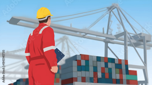 Worker in red uniform and yellow hard hat standing before stacked shipping containers at a port with a crane
