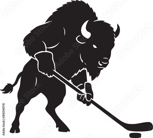 Bison Playing Ice Hockey Silhouette Mascot Illustration