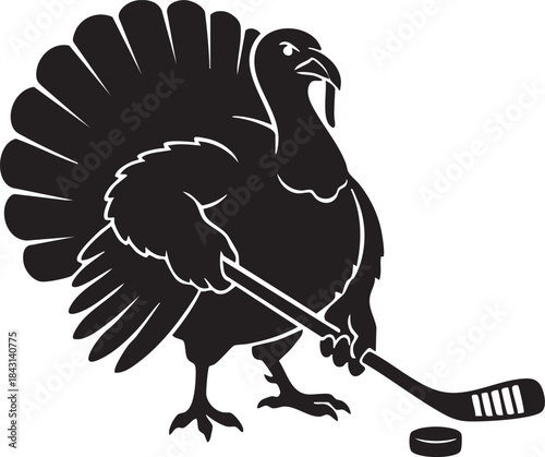 Turkey Playing Ice Hockey Silhouette Mascot Illustration