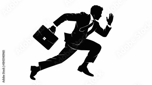 Silhouette of a businessman running with a briefcase.