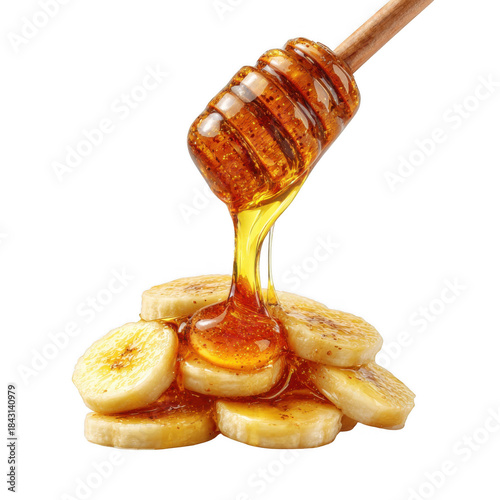 Honey drizzling over banana slices isolated on transparent background