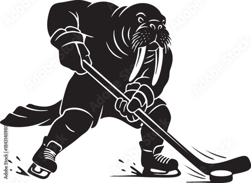 Walrus Playing Ice Hockey Silhouette Mascot Illustration