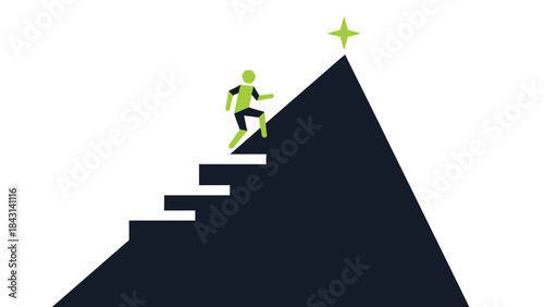 Person climbing stairs on mountain peak towards star goal success
