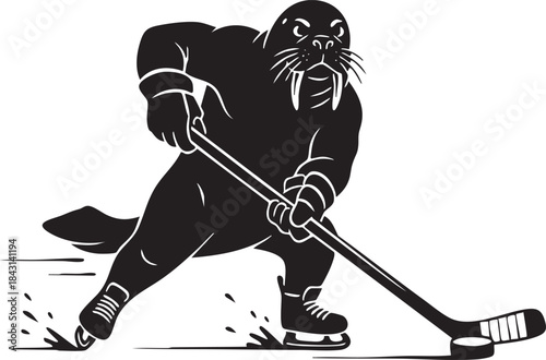 Walrus Playing Ice Hockey Silhouette Mascot Illustration