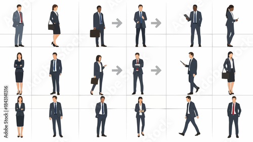 Diverse group of business professionals in various poses and attire.