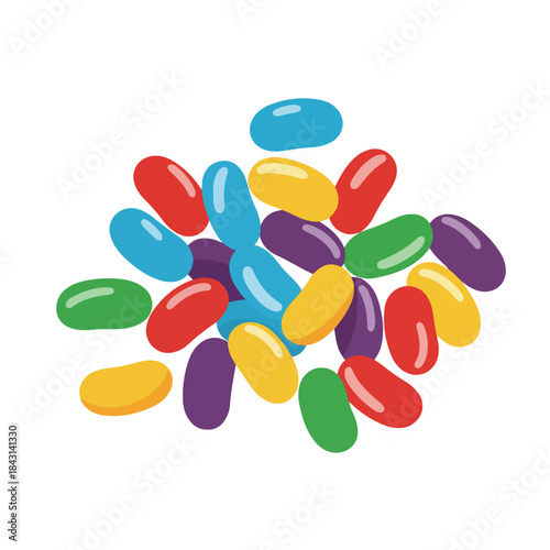 Jelly beans spread on white backdrop. Ideal for candy shop, easter promotions, sweet treat branding, childrens party decor.