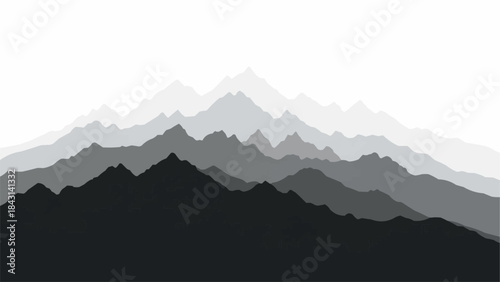 Layered Mountain Range Silhouette in Shades of Gray.