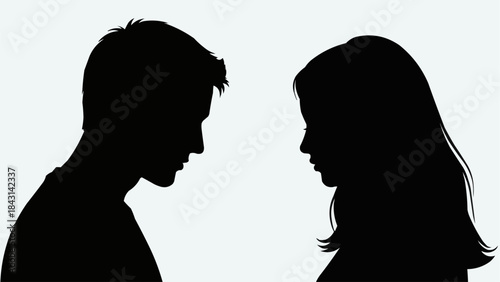 Silhouette of a man and woman facing each other in profile.