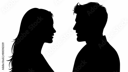 Silhouette of a man and woman facing each other in profile.