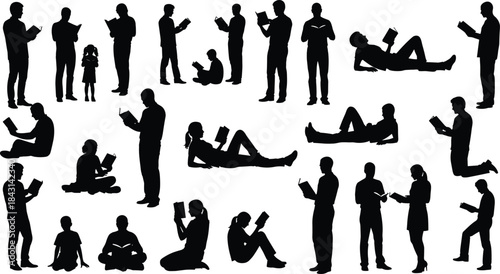 Silhouette people reading in various poses, standing and sitting figures holding books, diverse reading activity illustration for vector design, education lifestyle concept artwork