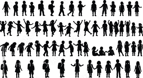 Silhouette children collection in various poses, playful kids activities and standing figures, diverse childhood actions illustration for vector design, creative education and lifestyle content
