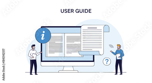 Business concept of a user guide, showing people interacting with a large computer screen displaying an online manual or instructions.