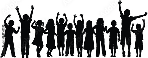 Silhouette children raising hands, joyful kids celebration, group of happy children standing together, playful childhood moment illustration for vector design and creative content