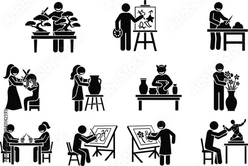 Silhouette illustration set of various creative hobbies including painting, pottery, sculpting, flower arranging, crafting, and bonsai work, representing artistic skills, handmade activities, and 
