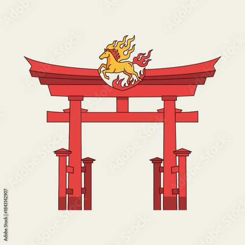 Japanese torii gate with a horse engulfed in flames, a symbol of speed and power.