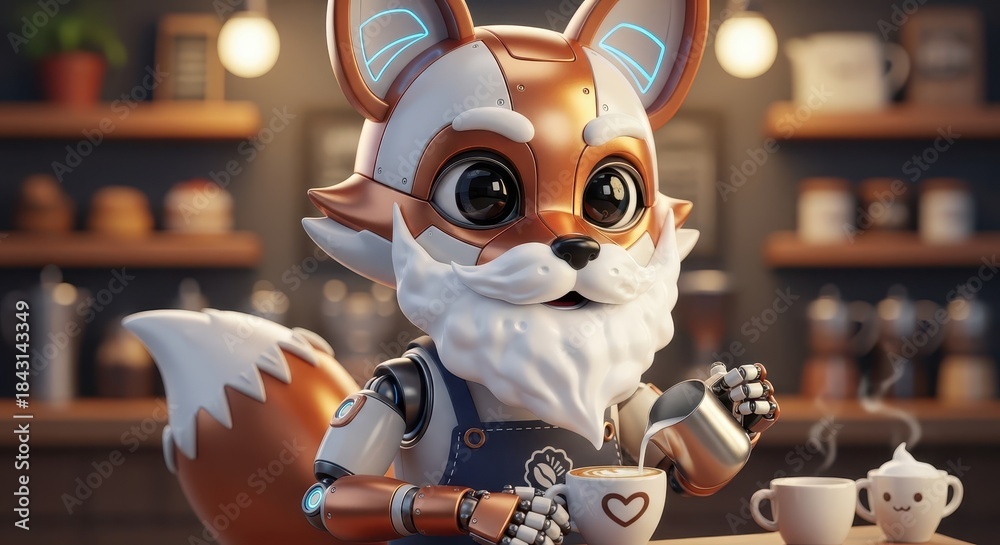 Obraz premium Robotic fox character creates latte art in a warmly lit cafe setting