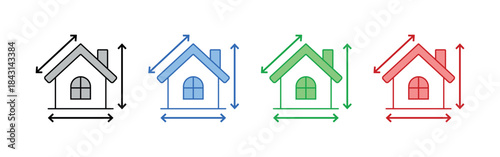 House Measurement Icon, Scalable Vector Showing Building Dimensions with Bidirectional Arrows, Real Estate and Construction Symbol on Transparent Background