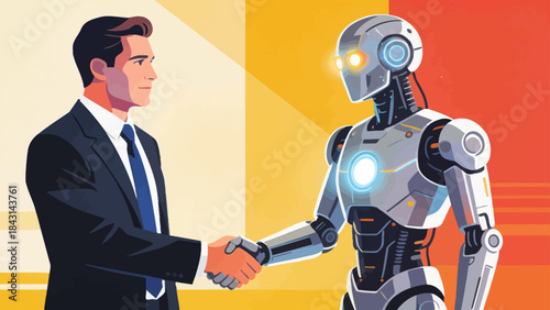 This illustration shows a business professional shaking hands with a humanoid robot in an office, symbolizing collaboration between humans and AI, the integration of technology in the modern workplace