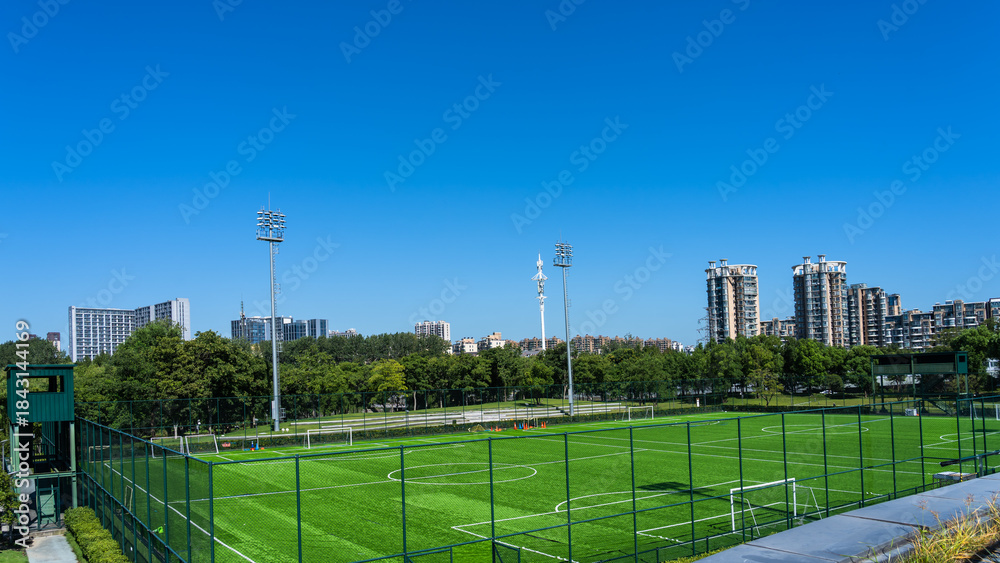 Fototapeta premium he urban park landscape with green grassland