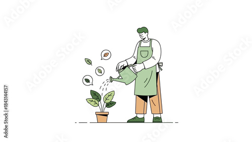 An illustration of a man watering a plant in a pot with a watering can for lifestyle