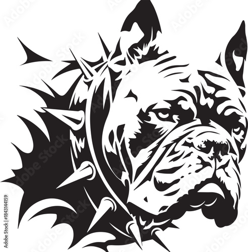 Majestic Guardian: A striking grayscale portrait of a dog, showcasing strength and protection with a spiked collar. 