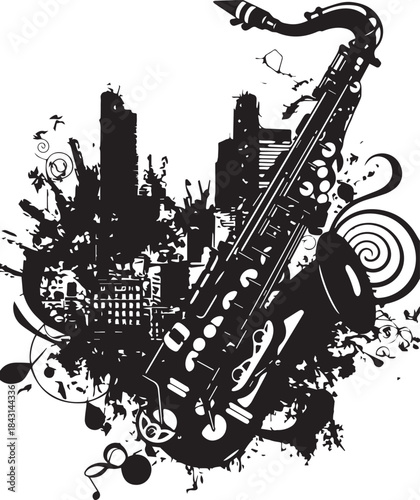 Urban Rhapsody: A stylized black and white illustration of a saxophone, set against a backdrop of a city skyline, evoking the vibrant energy of urban music and culture. 