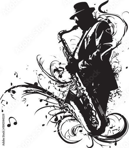 Saxophone Melody Silhouette: A solitary musician is immersed in the music, a saxophone silhouette is embraced by musical elements, telling a tale of music and art.