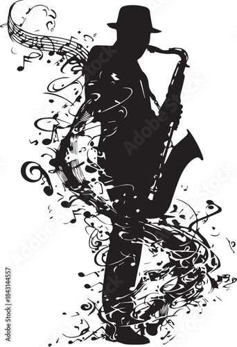 Melodic Silhouette: An artistic silhouette captures a musician engrossed in his craft, the ethereal notes swirling around him in a visual symphony.