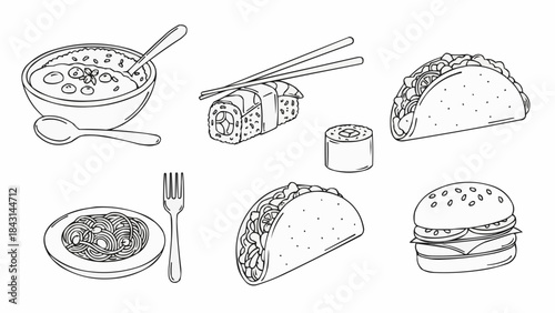 Diverse Fast Food and Meal Assortment Sketch.