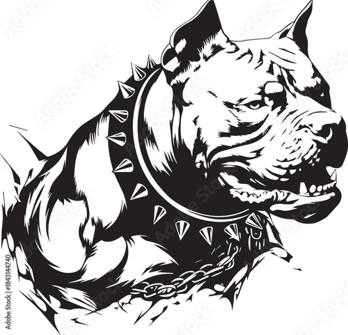 Loyal Companion: An intense artistic portrayal of a formidable canine, captured in striking monochrome lines. The dog, adorned with a studded collar, emanates strength and unwavering loyalty.