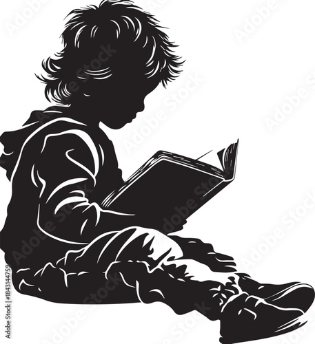 Quiet contemplation: A silhouette of a young child, completely absorbed in the world within the pages of a book, embodies the peacefulness of reading.
