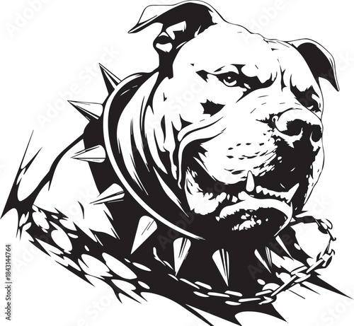 Menacing Pitbull Portrait: A close-up monochrome depiction of a powerful pitbull, showcasing its strong physique and fierce expression. The dog wears a studded collar.