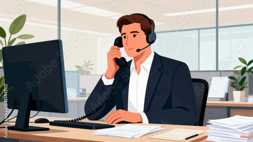 This illustration shows a  customer service staff working at an office desk and a computer, representing customer service or corporate communication in a modern workspace.