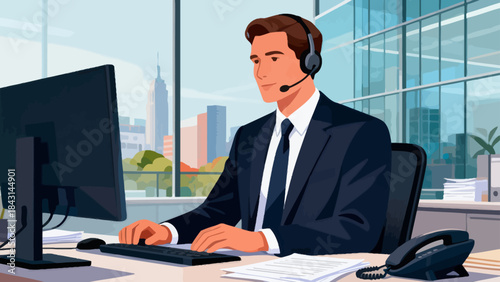 This illustration shows a  customer service staff working at an office desk and a computer, representing customer service or corporate communication in a modern workspace.