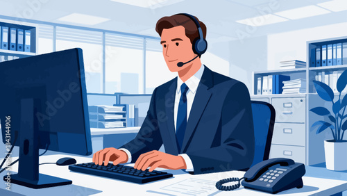 This illustration shows a  customer service staff working at an office desk and a computer, representing customer service or corporate communication in a modern workspace.