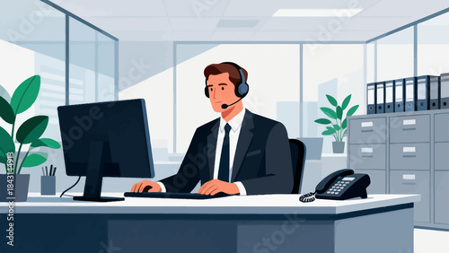 This illustration shows a  customer service staff working at an office desk and a computer, representing customer service or corporate communication in a modern workspace.