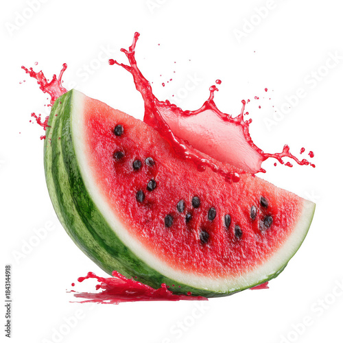 Juicy watermelon slice splash isolated on transparent background