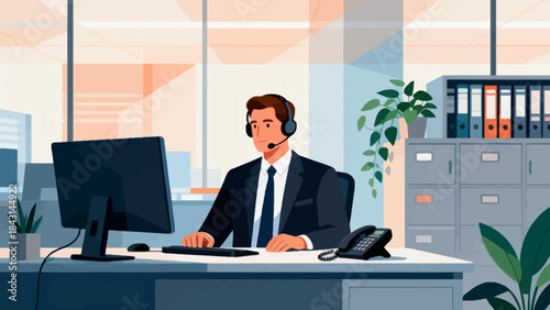 This illustration shows a  customer service staff working at an office desk and a computer, representing customer service or corporate communication in a modern workspace.
