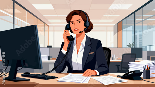 This illustration shows a  customer service staff working at an office desk and a computer, representing customer service or corporate communication in a modern workspace.