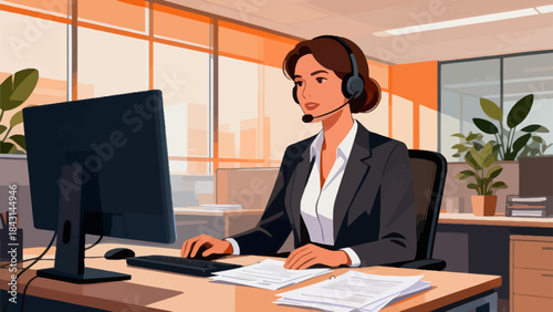 This illustration shows a  customer service staff working at an office desk and a computer, representing customer service or corporate communication in a modern workspace.
